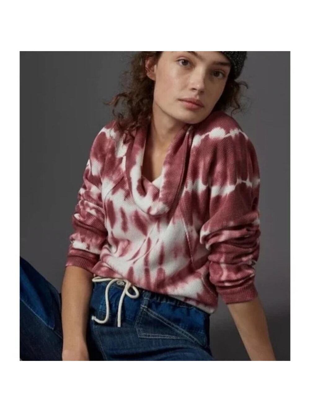 Anthropologie Pilcro EUC Women's Angie Wine Cowl Neck Waffle Knit Tie Dye Top XS